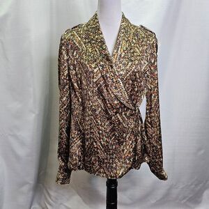Jones New York Brown Print Satin Wrap Blouse Size Large